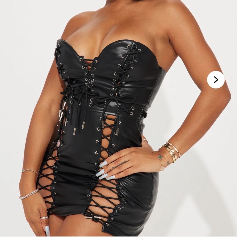 NEVER WORN Fashion Nova Black Strapless Lace-Up Cut Out Leather Dress